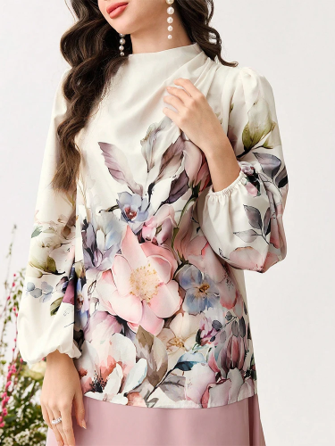 صورة بلوزة نسائية صيفية يومية من Rafiah بأكمام طويلة مزينة بالزهور بلوزة بأكتاف مكشكشة 2025 للنساء