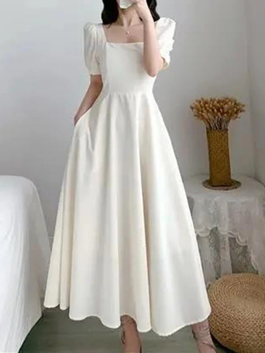 صورة فستان رافيا النسائي حتى 2025 صيفي K-Fashion لائق عادي بأكمام منتفخة ورقبة مربعة وخصر عالي على شكل حرف a يؤرخ فستان طويل