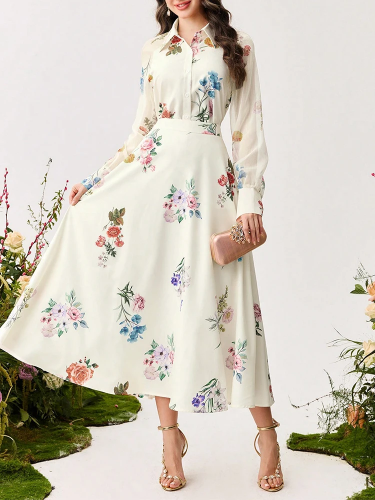 صورة طقم قميص نسائي صيفي مكون من قطعتين بأكمام طويلة وتنورة مطبوعة رقمية طقم تصميم نسائي منقوش