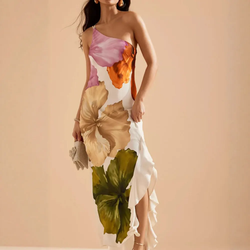 صورة فساتين سهرة طويلة للسيدات من Rafiah صيفية أنيقة ولائقة بدون أكمام بكتف واحد