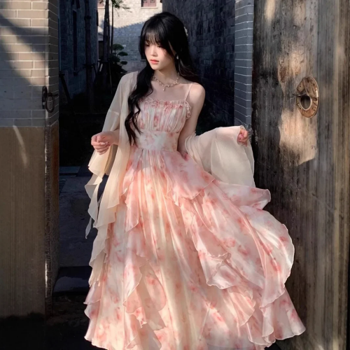 صورة الكورية نمط الصيف جديد أنيق النفط اللوحة تشويه طباعة الخصر Cinching الدانتيل تقليم فستان الرسن المرأة ميدي فستان بولي الألياف